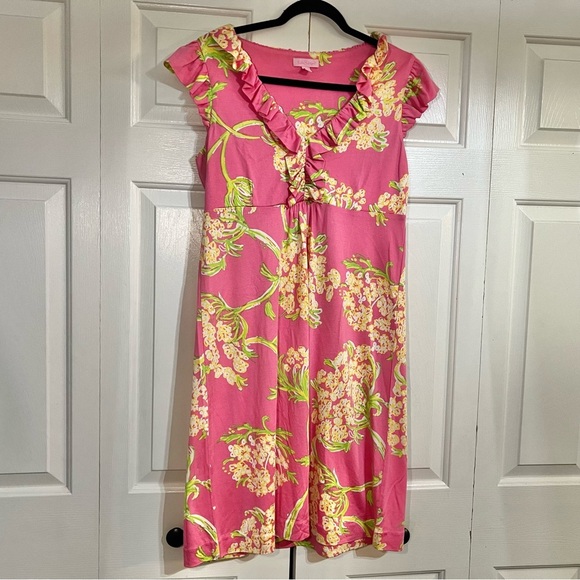 Lilly Pulitzer Claire Dress Silk Blend Queen Anne Lace Print Size Medium V-Neck - Picture 3 of 8